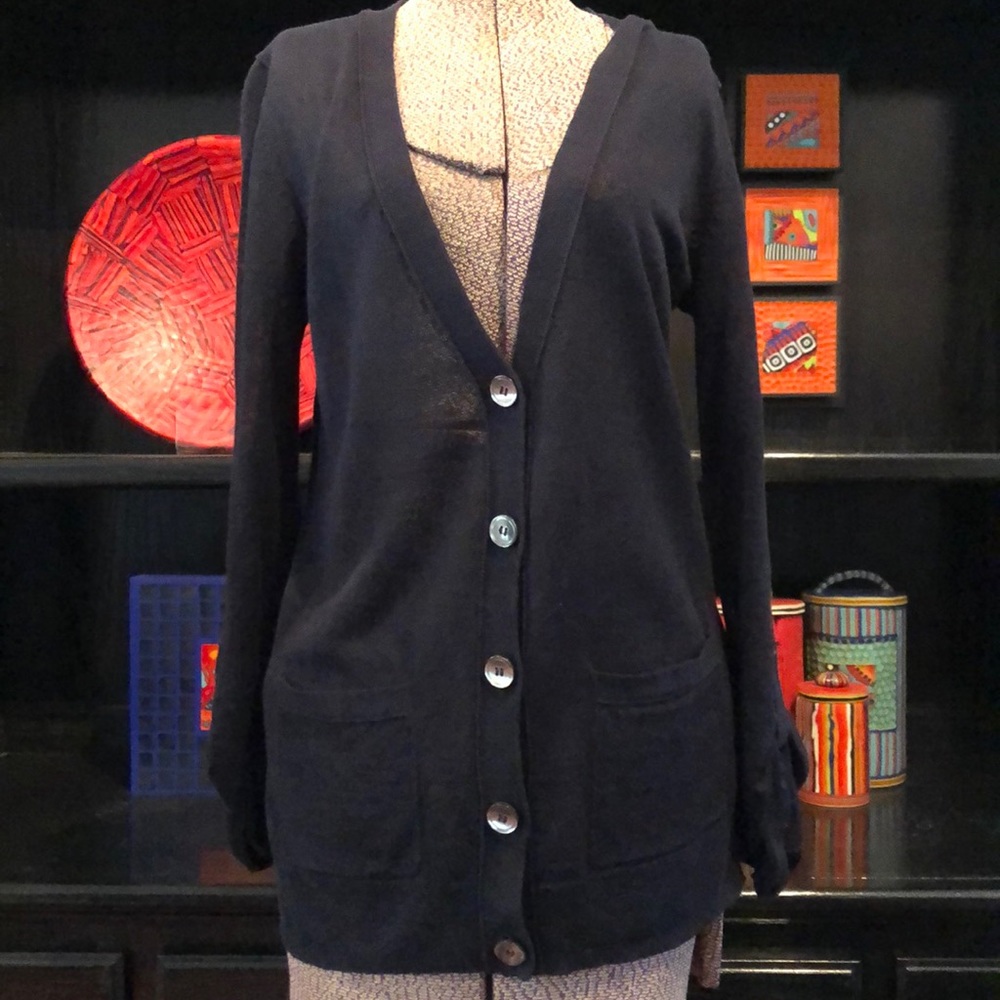 Ann Taylor navy linen button up cardigan top - Picture 2 of 7